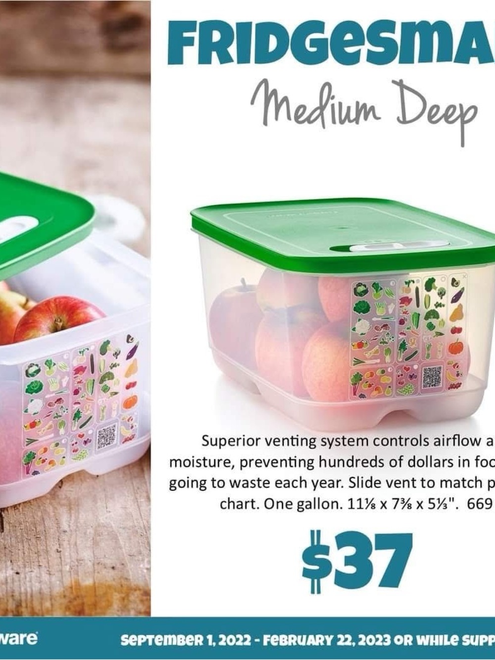 Tupperware fridge smart Medium Deep Produce Keeper - Green Lid